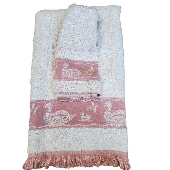Vintage 80s Cannon Mill Pond Pink Duck Towel Set 4 Pcs USA 2 Towels Wash Cloths - Picture 1 of 14